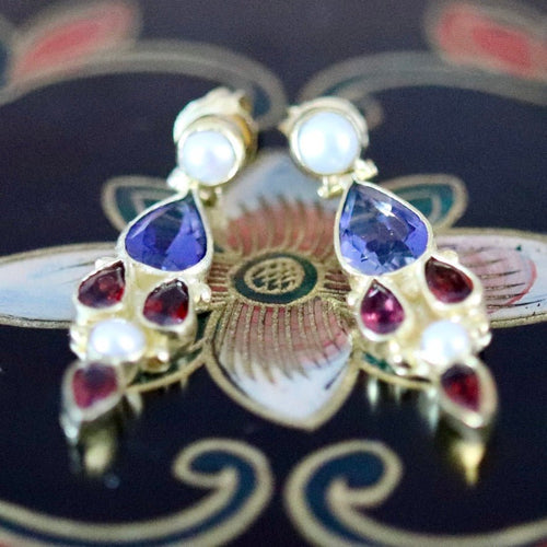 Lady Chatterley 14k Gold, Iolite, Garnet and Pearl Earrings