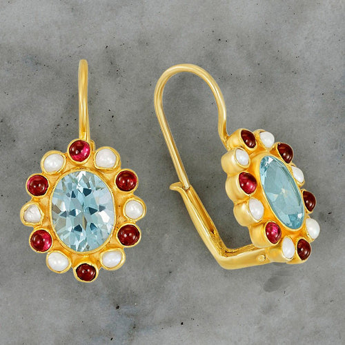 Miss Merryweather Blue Topaz, Garnet and Pearl Earrings