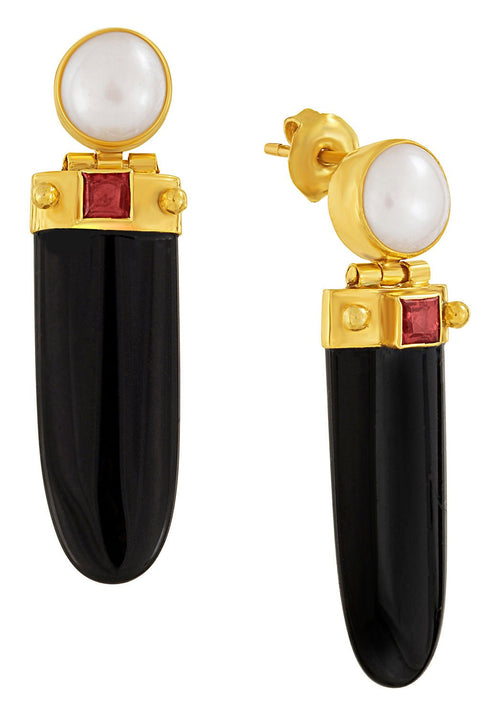 Manhattan Onyx, Garnet and Pearl Earrings