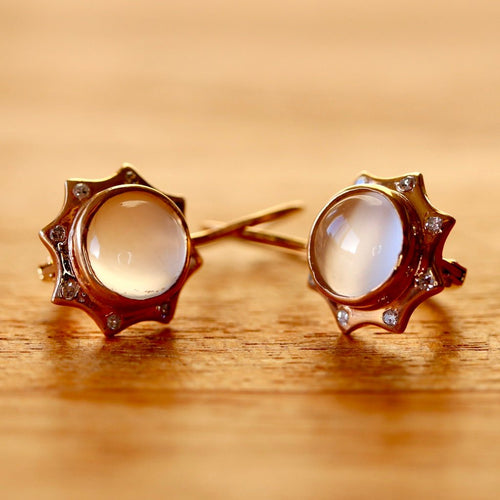 Sun and Moon 14k Gold, Moonstone and Diamond Earrings