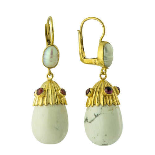 Tatiana Egg White Howlite, Pearl & Garnet Earrings