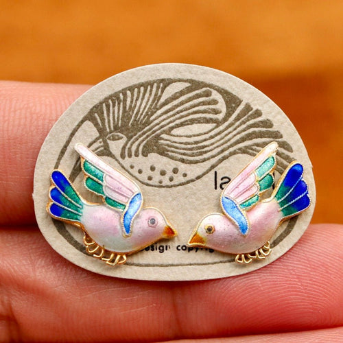 Vintage Laurel Burch Bird Pink and Blue Gold-Vermeil Studs