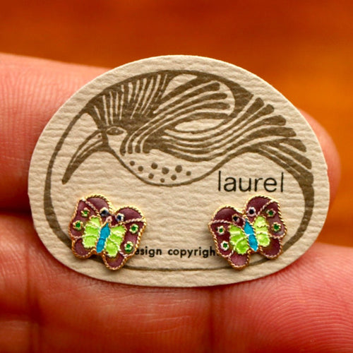 Vintage Laurel Burch Butterfly Purple and Green Gold-Vermeil Studs