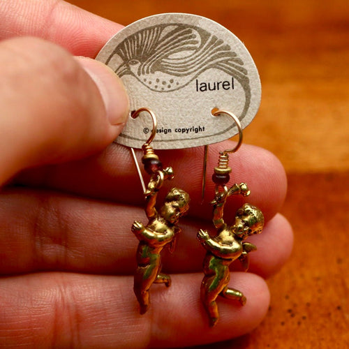 Vintage Laurel Burch Large Cherub Gold-Plate Earrings