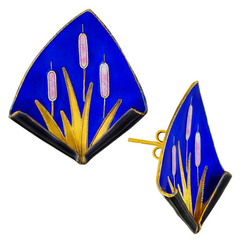 Vintage Laurel Inc Royal Blue Reed Gold-Vermeil Earrings