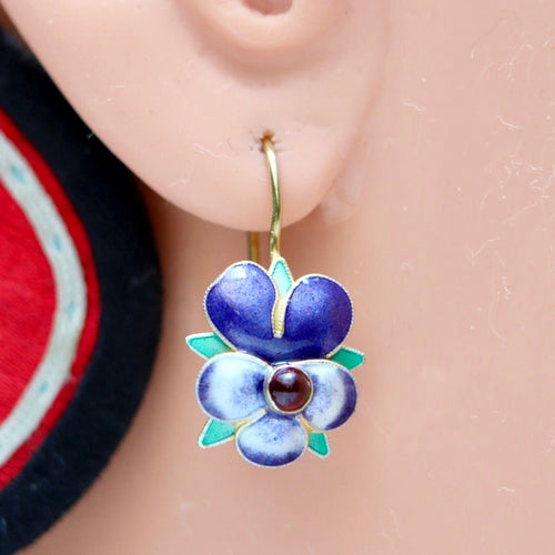 Vintage Shashi Garnet Purple Passion Flower Enamel Earrings