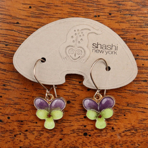 Vintage Shashi Purple and Green Pansy Flower Earrings