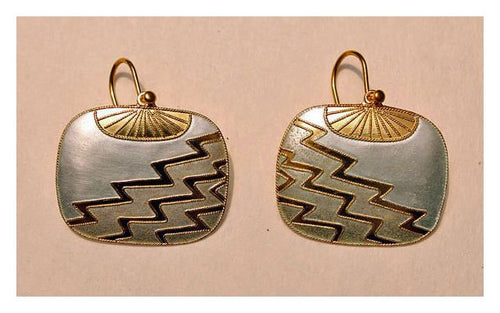 Vintage Shashi Square Zig Zag Whilte Enamel Gold-Vermeil Earrings