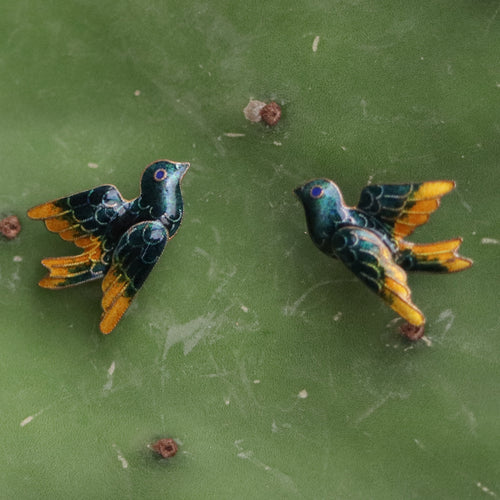 Vintage Thousand Flowers Forest Bird Gold-Vermeil Studs