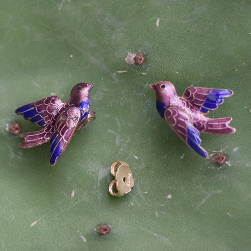 Vintage Thousand Flowers Mauve Bird Gold-Vermeil Studs