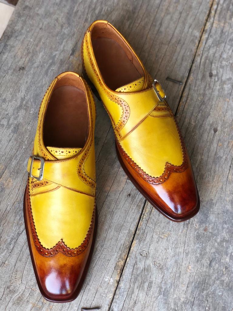 Elegant Men's Brown & Yellow leather Monk shoes, –