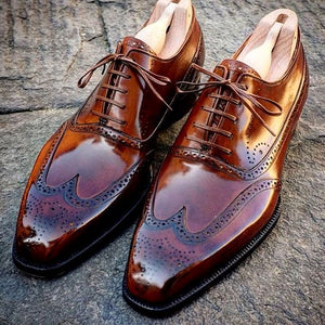 Elegant Men's handmade Wing Tip Brogue Brown Leather Shoes, custom mad –  theleathersouq