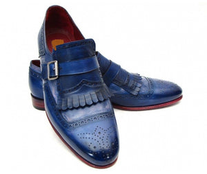 Stylish Men's Handmade Blue Single Monk Strap Leather Fringed Shoes, Men Dress Shoes - theleathersouq