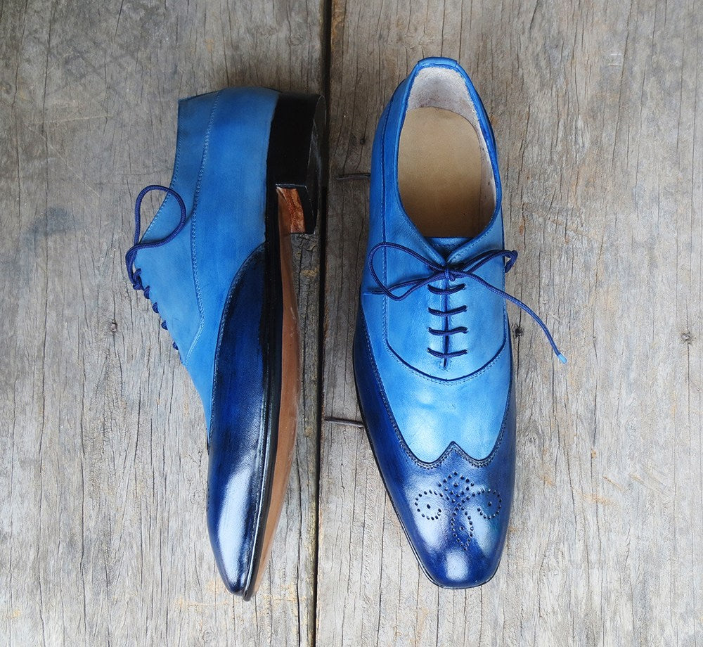 Stylish Men's Handmade Two Tone Blue Leather Wing Tip Brogue Lace Up D ...