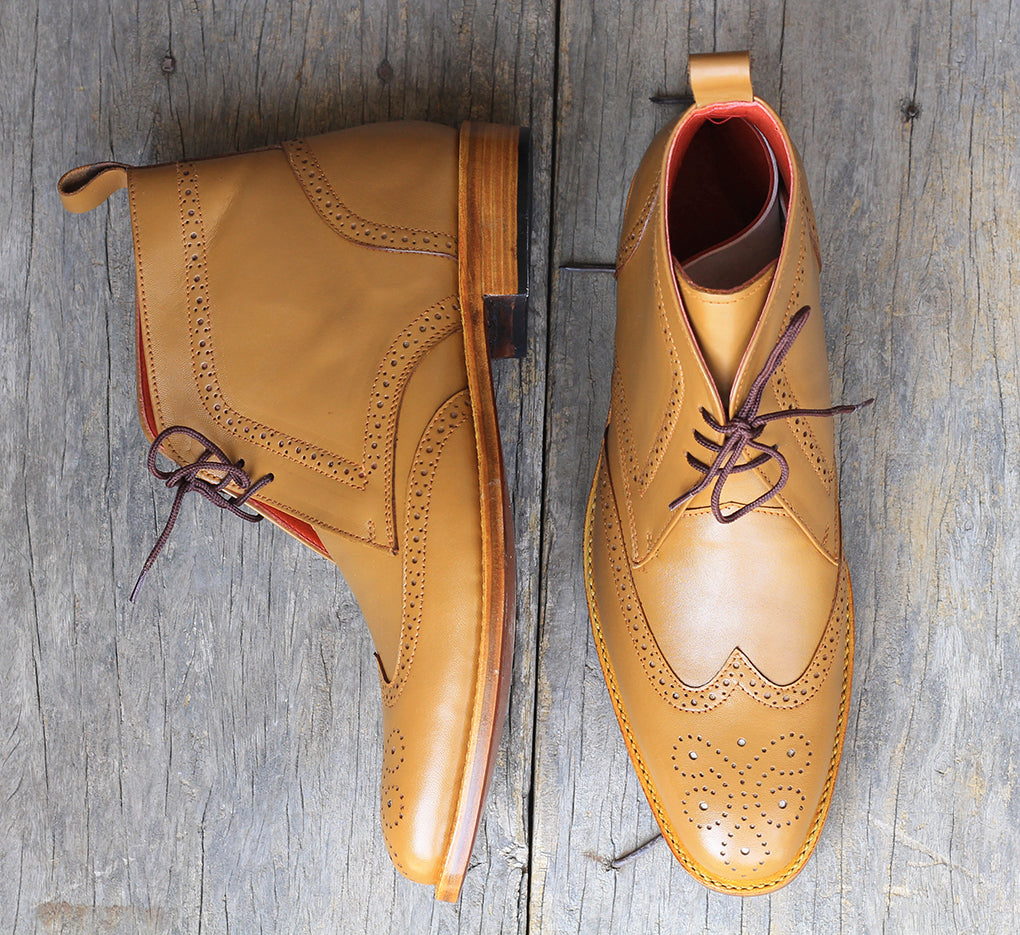 Handmade Men's Wing Tip Brogue Leather Chukka boots, Tan leather Lace ...