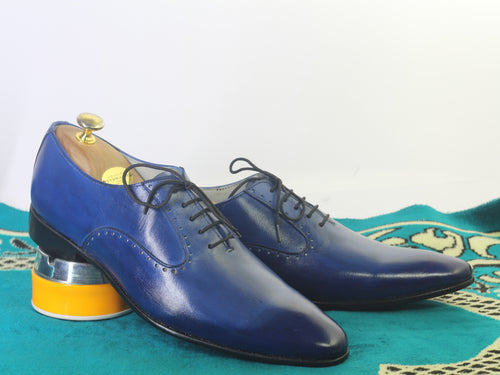 Handmade Men's Blue Leather Side Lace Up Shoes, Men Designer Dress