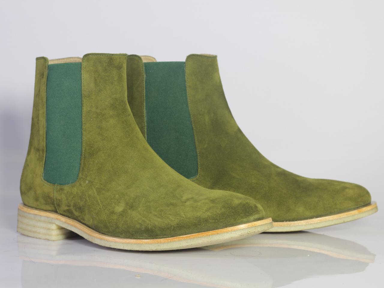1) Men Olive Green Suede Chelsea Boots, Fashion Designer Boo –