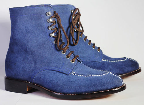 Men's Handmade Blue Suede Lace Up Ankle Boots, Men Designer Fashion Dr –  theleathersouq