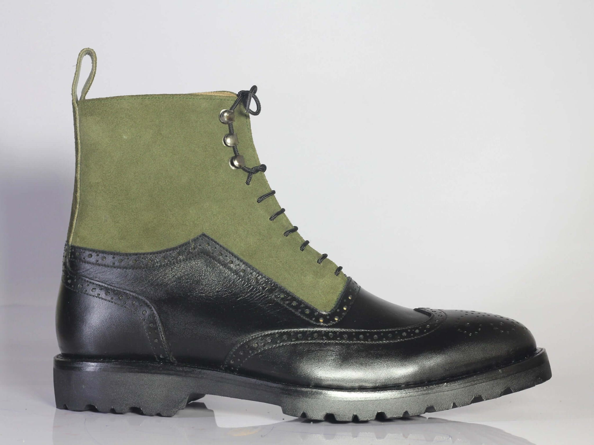 green brogue boots