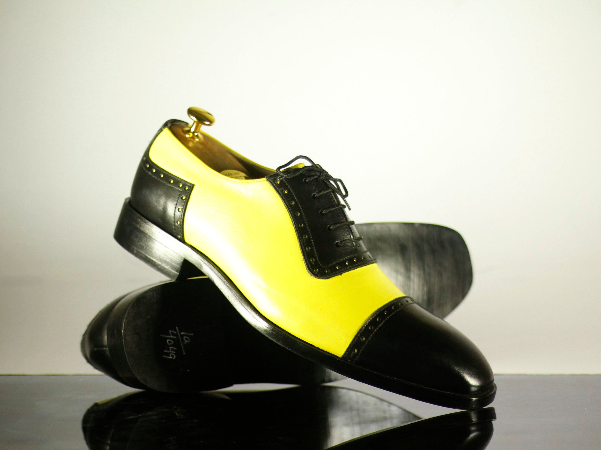 Handmade Men's Two Tone Black & Yellow Cap Toe Leather Lace Up Shoes,