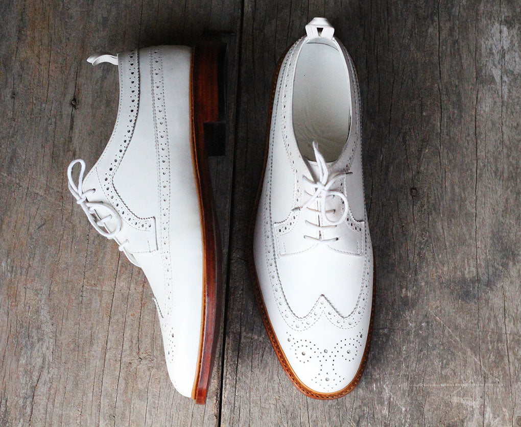 Handmade Men's White Leather Wing Tip Brogue Lace Up Shoes, Men Design ...