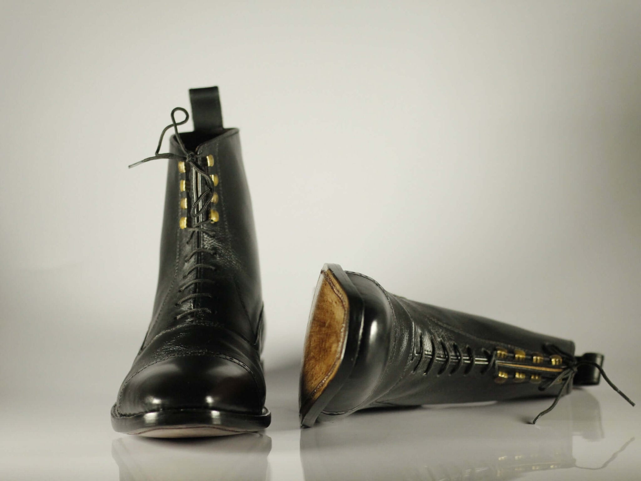 Handmade Men's Black Leather Cap Toe 