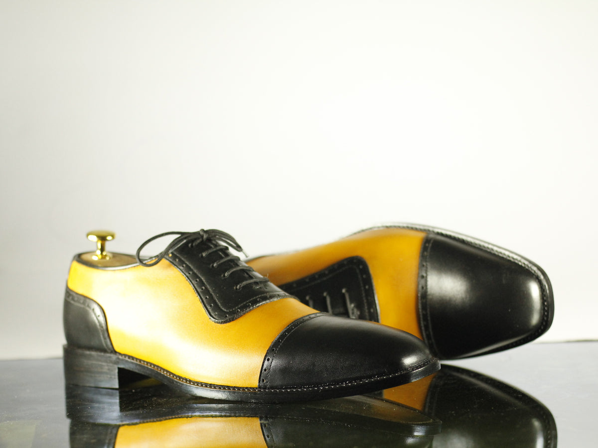 Handmade Men's Black Yellow Leather Cap Toe Lace Up Shoes, Men Designe ...