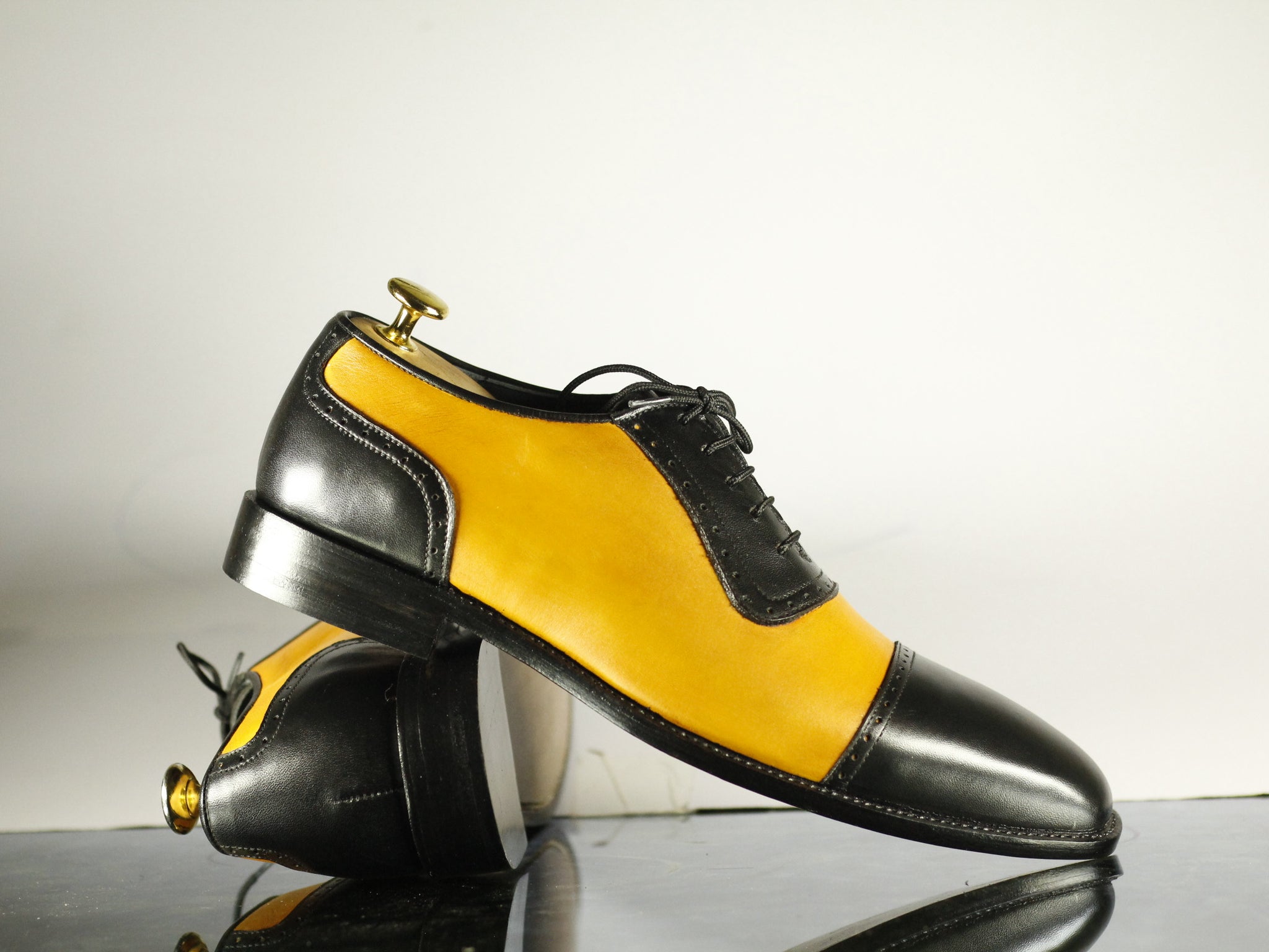 Handmade Men's Black Yellow Leather Cap Toe Lace Up Shoes, Men Designe ...