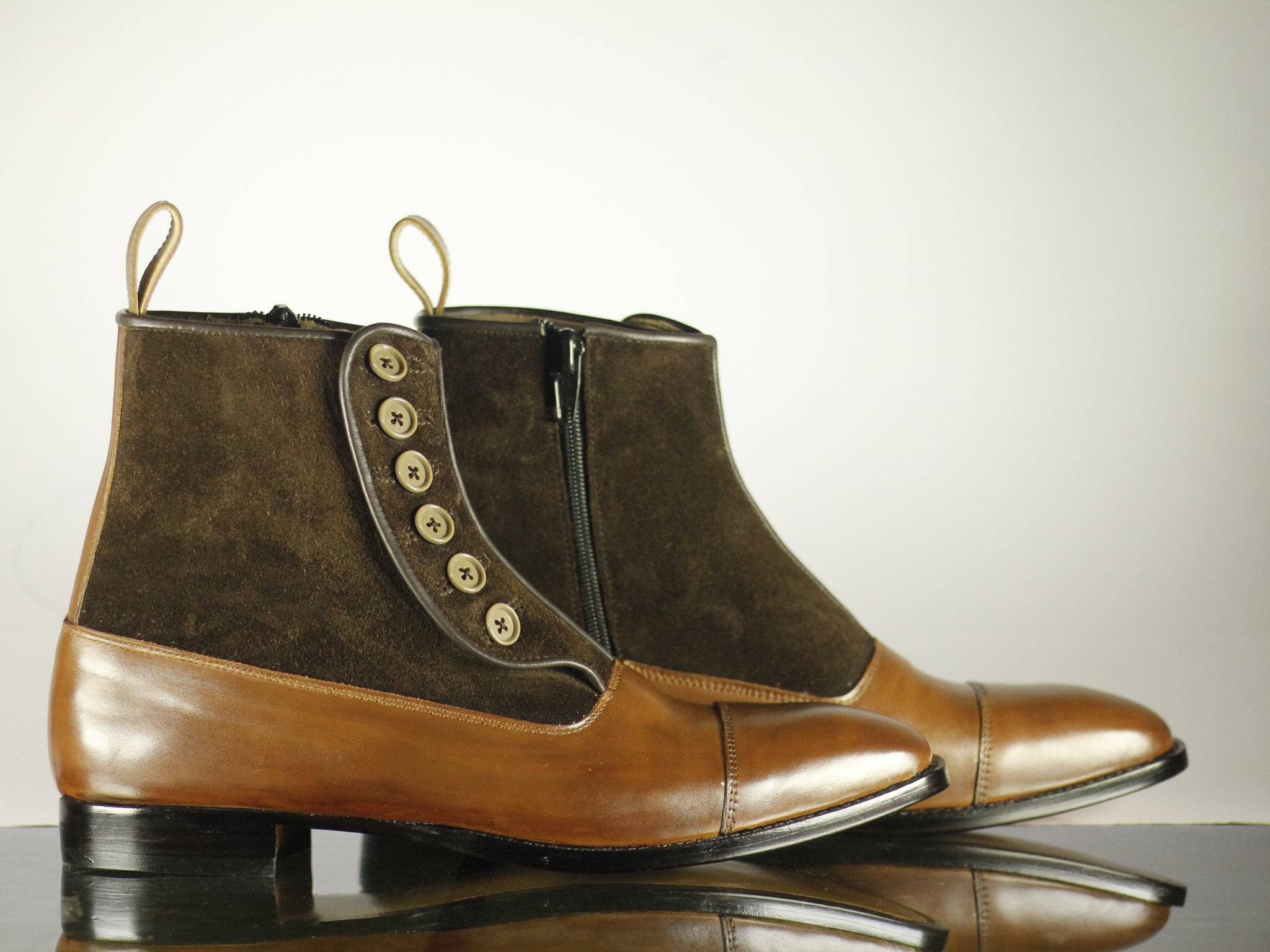 Handmade Men's Brown Leather Suede Cap Toe Button Side Zipper Boots, M ...