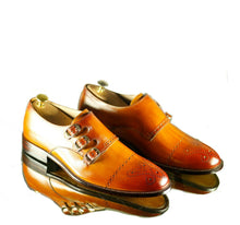 Load image into Gallery viewer, Handmade Men&#39;s Tan Leather Cap Toe Brogue Shoes, Men Triple Monk Strap Dress Formal Shoes