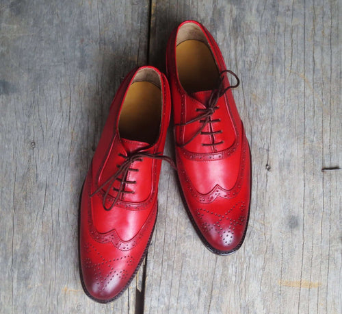 Stylish Men's Hand stitch Custom Shoes, Wing tip Red Leather