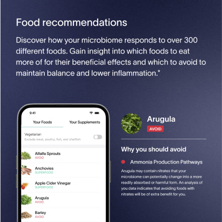 Recommendations for food based on microbiome analysis, highlighting specific foods to avoid like arugula.