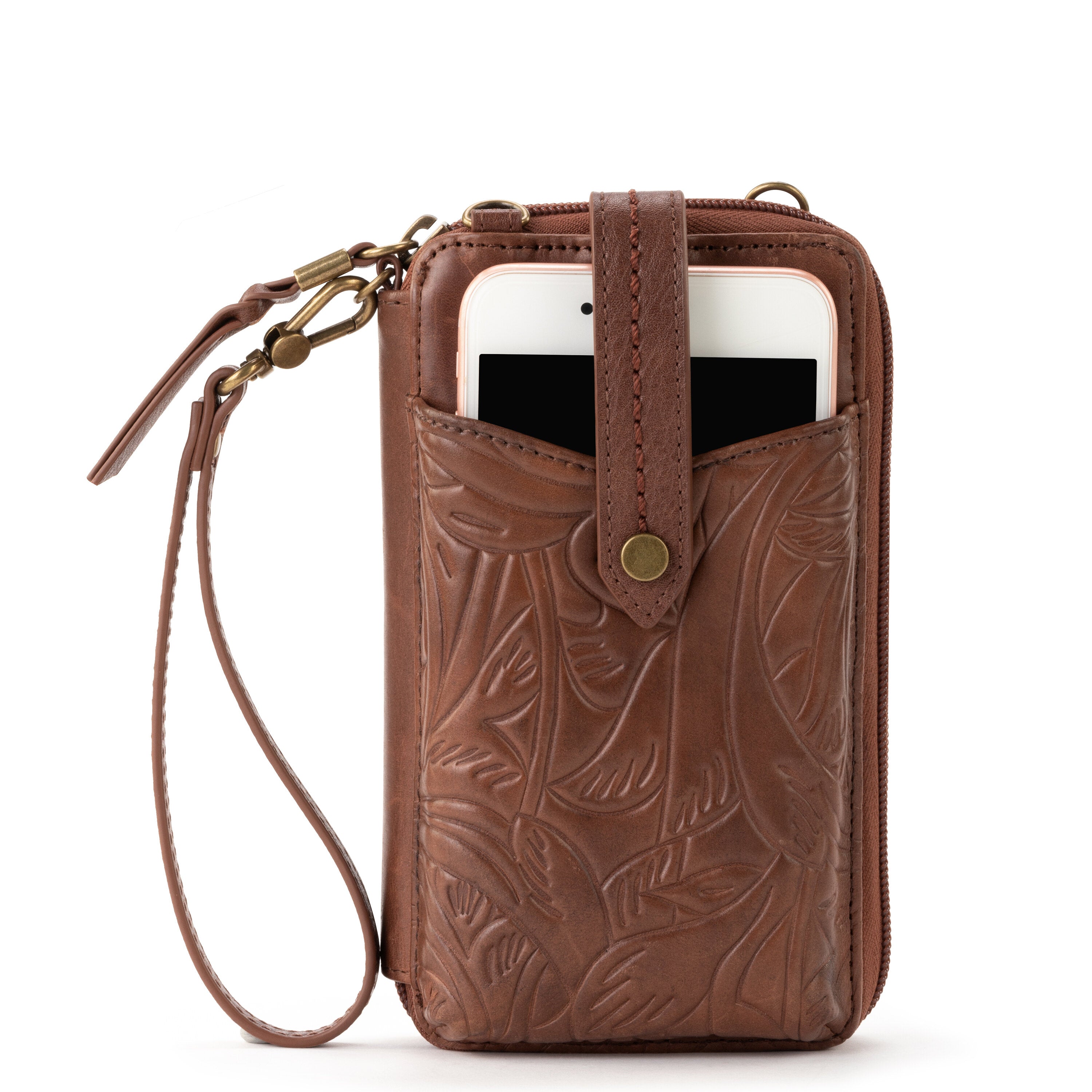 The Sak Sequoia Leather Smartphone Flap Crossbody, Chestnut Floral Etch:  Handbags