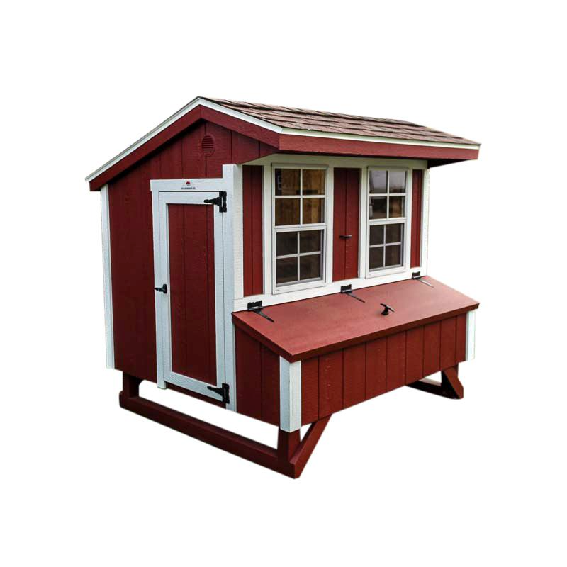 Picture of an extra large dark red chicken coop with white trim