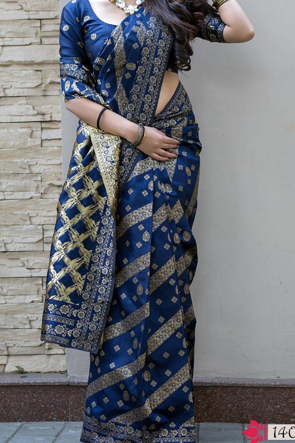 BLUE COLORED TRADITIONAL SILK SAREE WITH BLOUSE FOR WOMEN