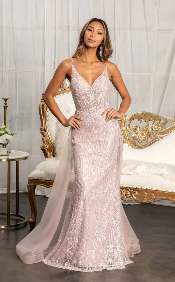 Blush Pink Long Lace Prom Dress with Tulle Skirt