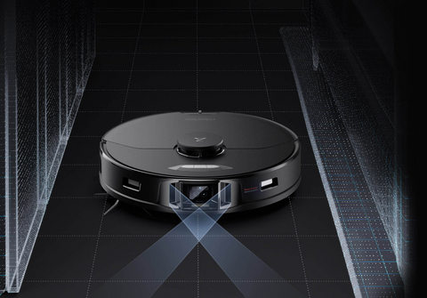 A black Roborock robot vacuum (S7 MaxV) is using dual cameras and AI technology to identify and avoid objects.