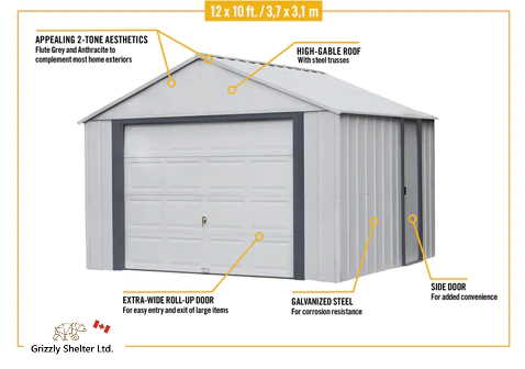 Grizzly Shelter Ltd 10x12 Steel Garage Shed Roll-up Door