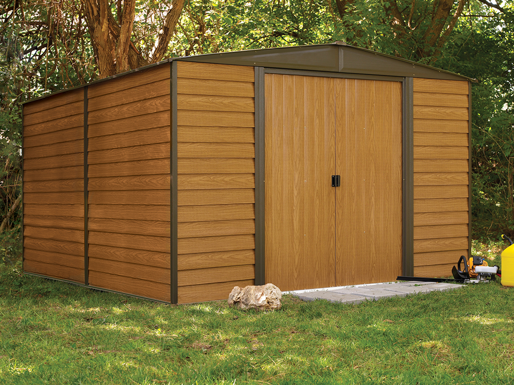 Steel Storage Shed Wood Finish – Grizzly Shelter Ltd.