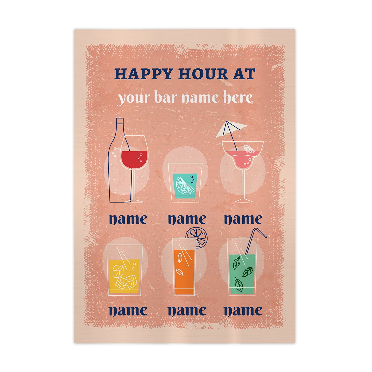 Personalised Happy Hour - A4 Metal Sign Plaque - Frame Options Available HAPPY HOUR AT Ao N BN A0 nDame pnpame pame N % - name pnpame npame 