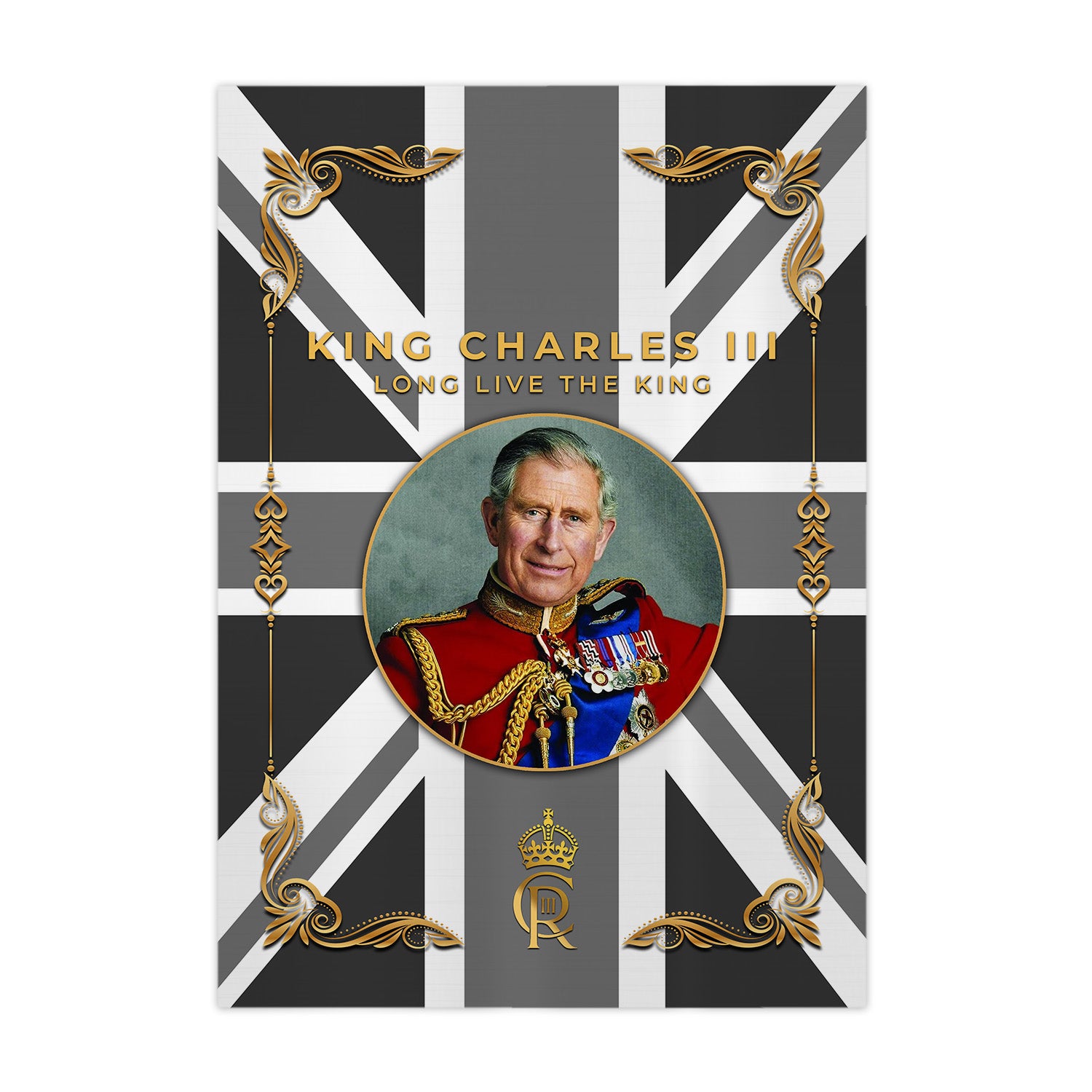 King Charles Coronation - B&W Flag - A4 Metal Sign Plaque - Frame Options Available KING i L T 
