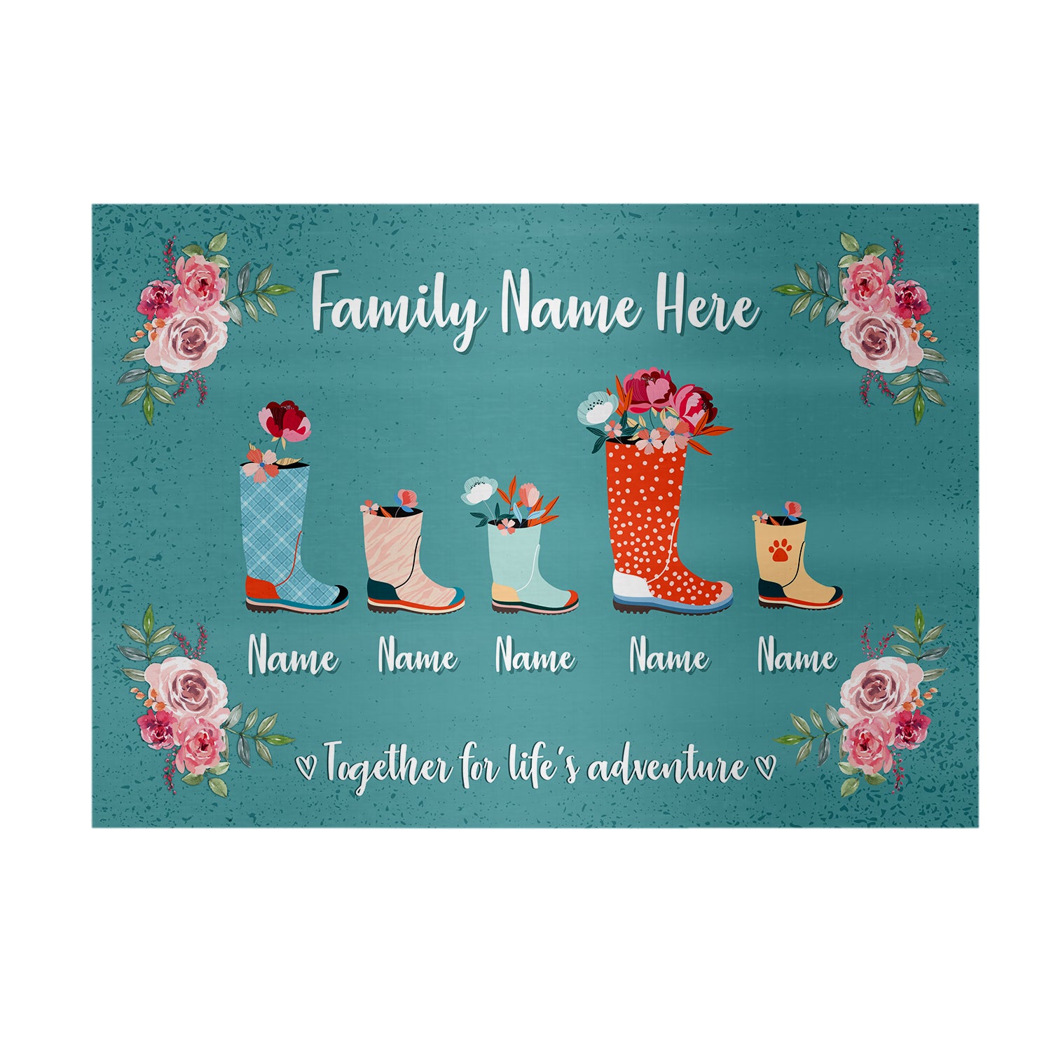 Personalised Family of 5 Wellies - A4 Metal Sign Plaque - Frame Options Available