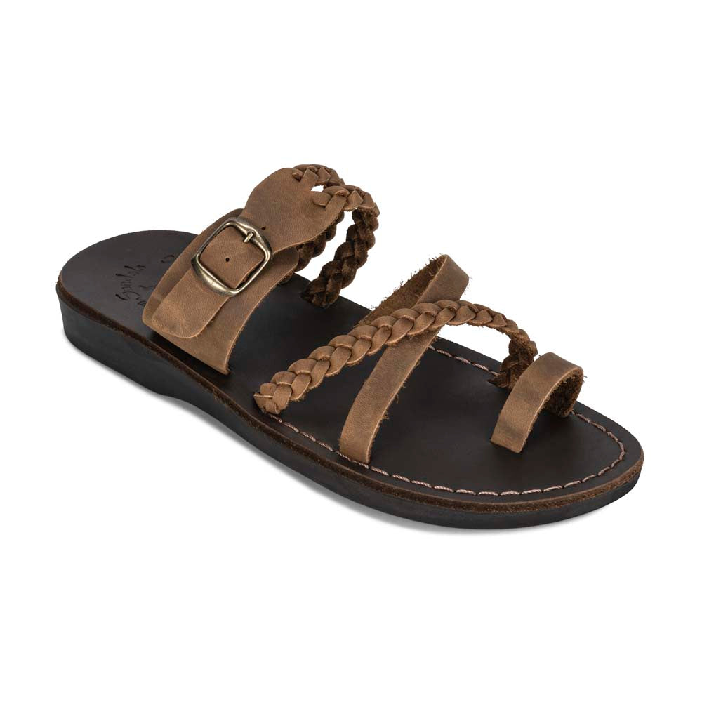 Sophia Leather Buckle Braided Slide Sandal Oiled Brown