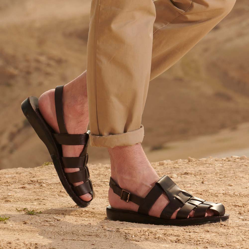 Leather Formal Sandal - Leather Formal Sandal For Men Black Leather Sandal  For Men Leather Roman sandal for men with velcro