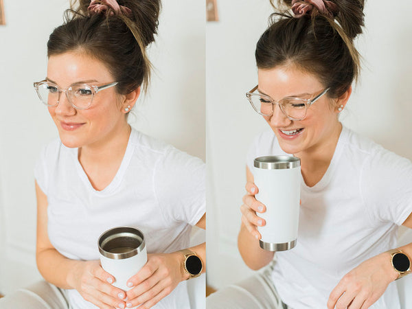 Emma having a coffee in the studio