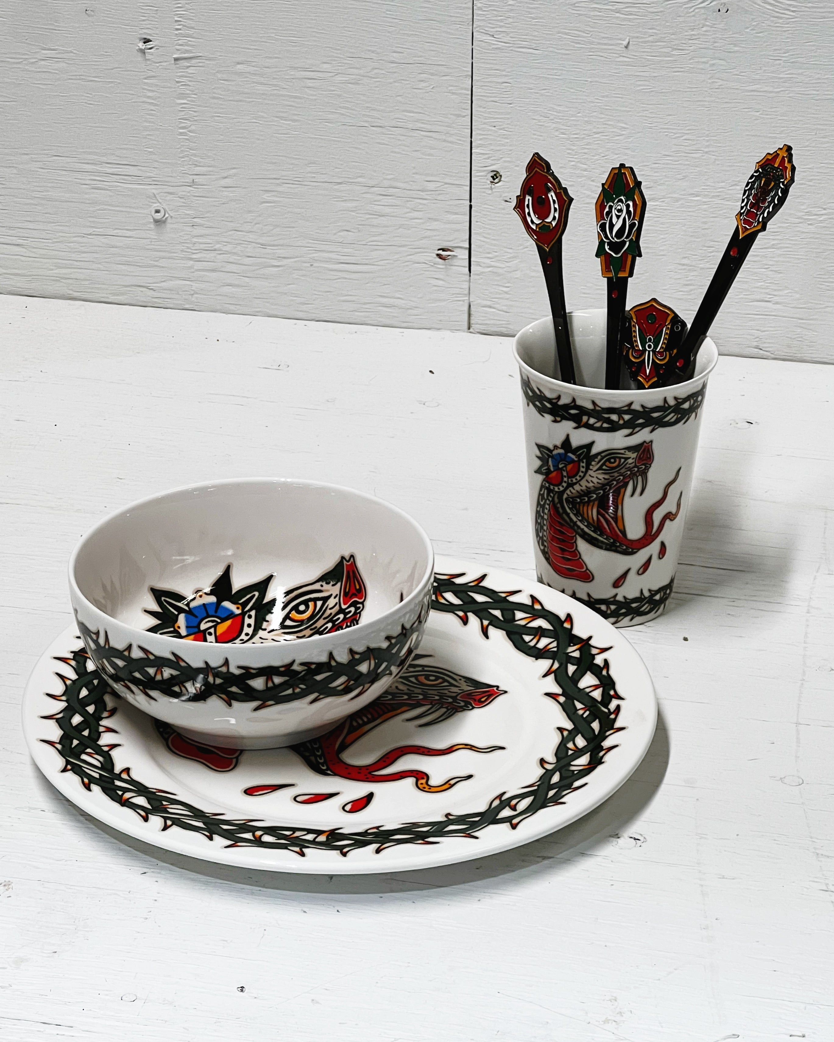 Thorn Plate, Bowl, Cup & Cutlery Combo.