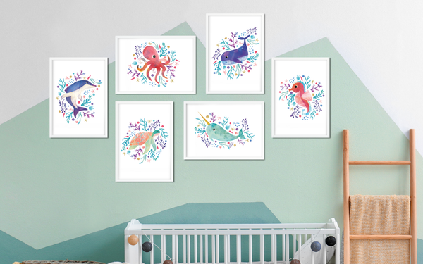 Set of 6 patterned ocean animal prints arranged in defferent orientations to create a gallery wall