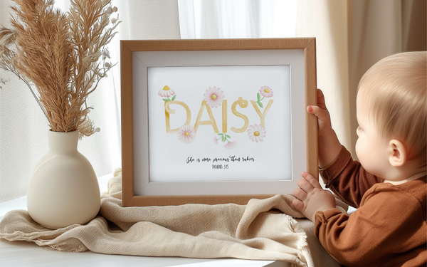 Daisy custom name print with bible verse and flowers surrounding the name.