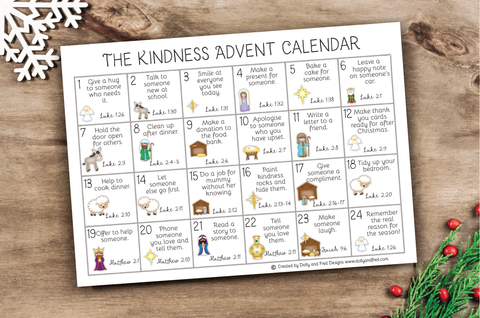 Christian advent calendar, kindness activity chart, downloadable kind advent calender
