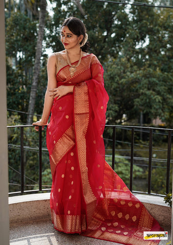 Red Handloom Pure Chanderi Katan Silk